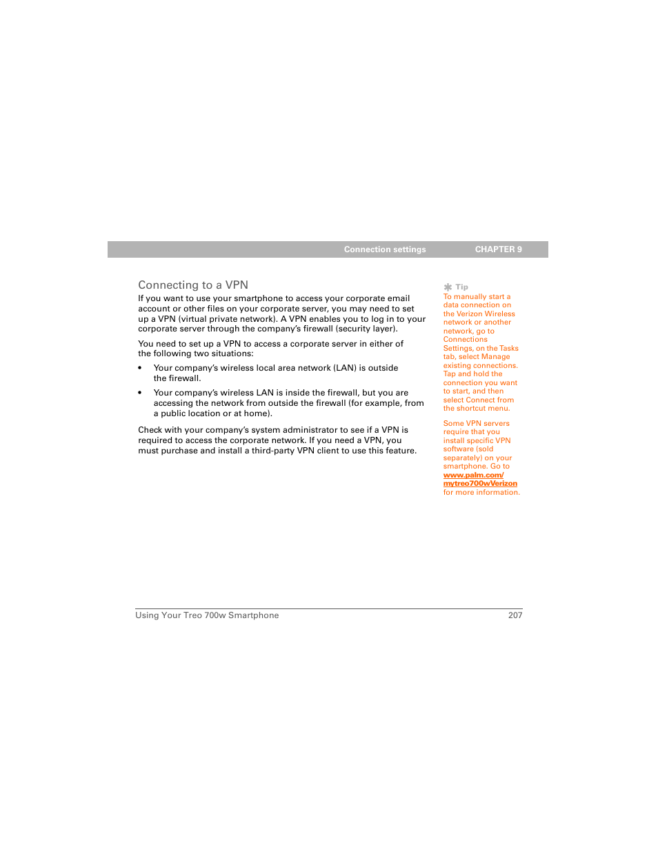 Connecting to a vpn | Palm Treo 700w User Manual | Page 215 / 290