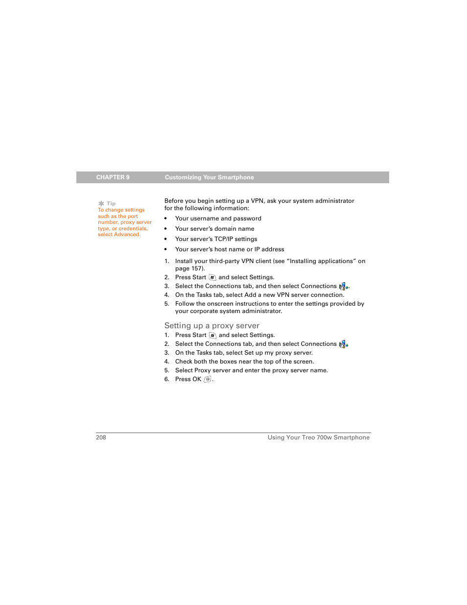 Setting up a proxy server | Palm Treo 700w User Manual | Page 216 / 290