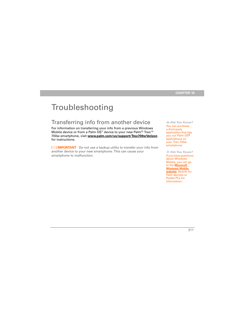 Troubleshooting, Transferring info from another device, Chapter 10: troubleshooting | Palm Treo 700w User Manual | Page 219 / 290