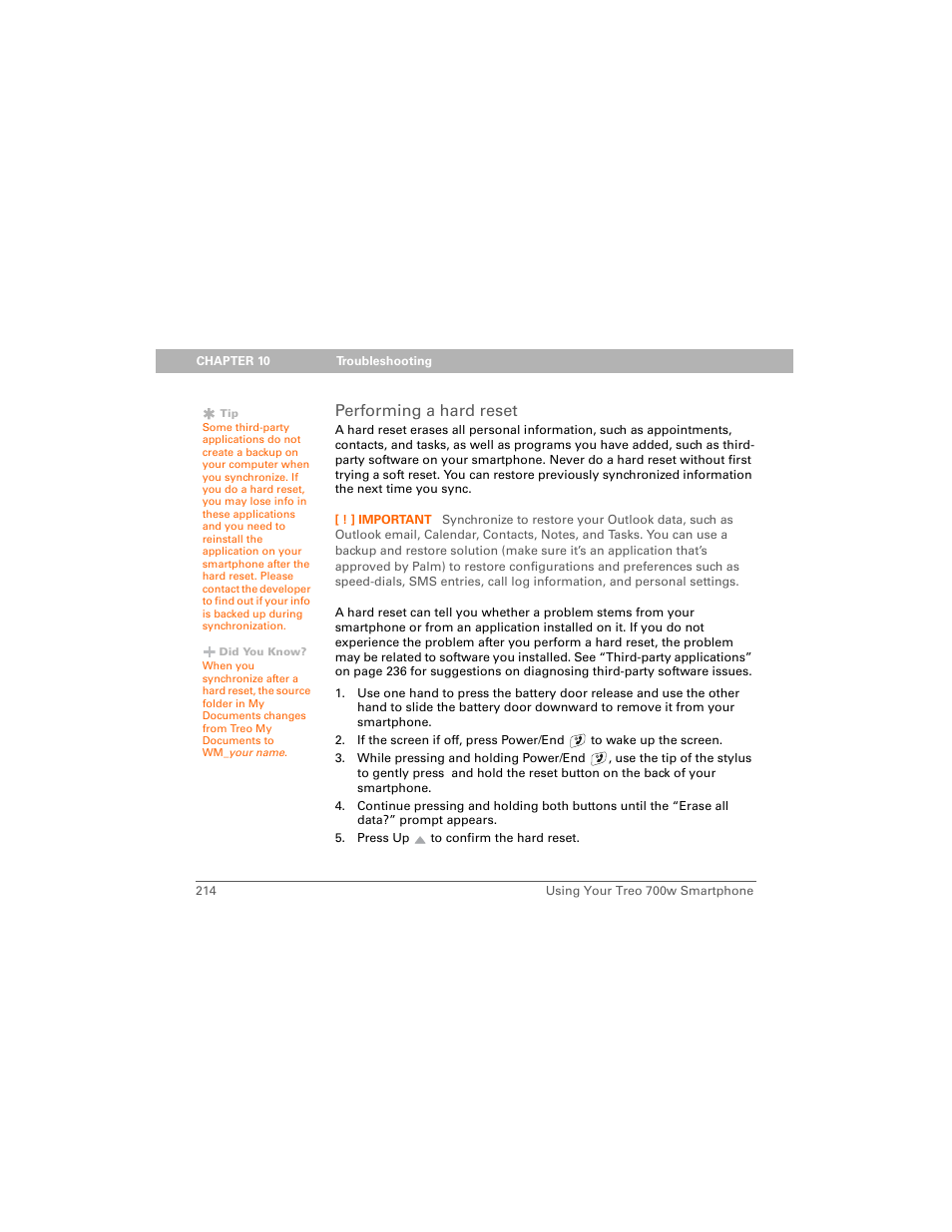 Performing a hard reset | Palm Treo 700w User Manual | Page 222 / 290