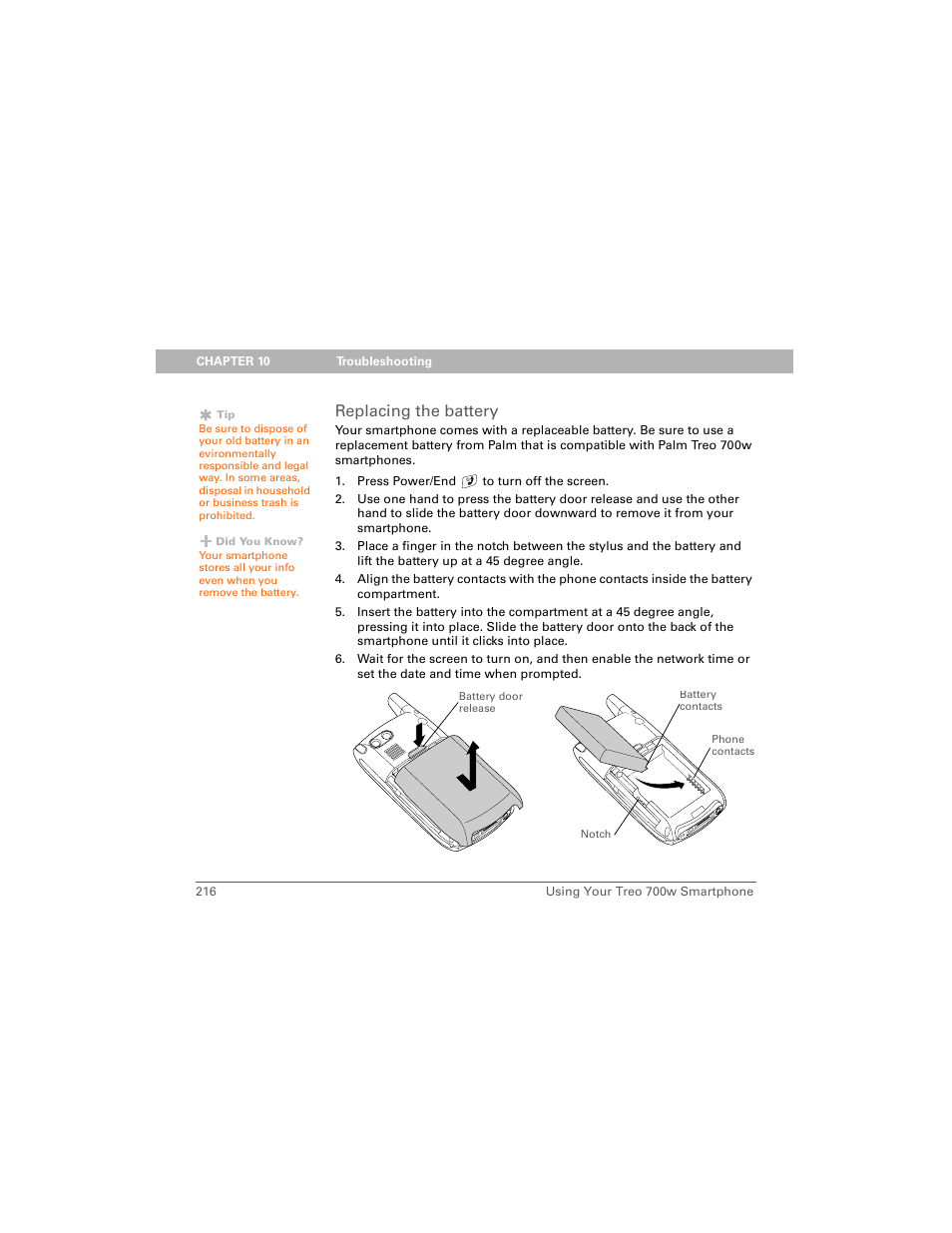 Replacing the battery | Palm Treo 700w User Manual | Page 224 / 290