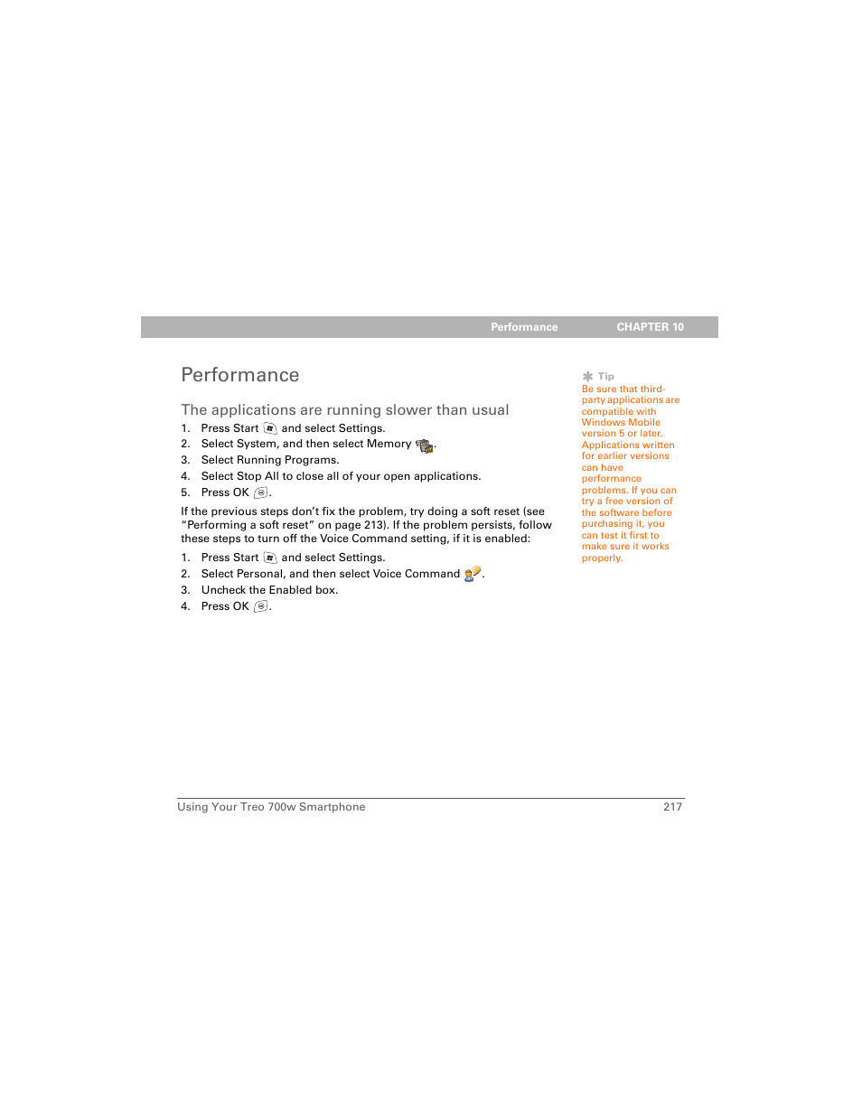 Performance, The applications are running slower than usual | Palm Treo 700w User Manual | Page 225 / 290