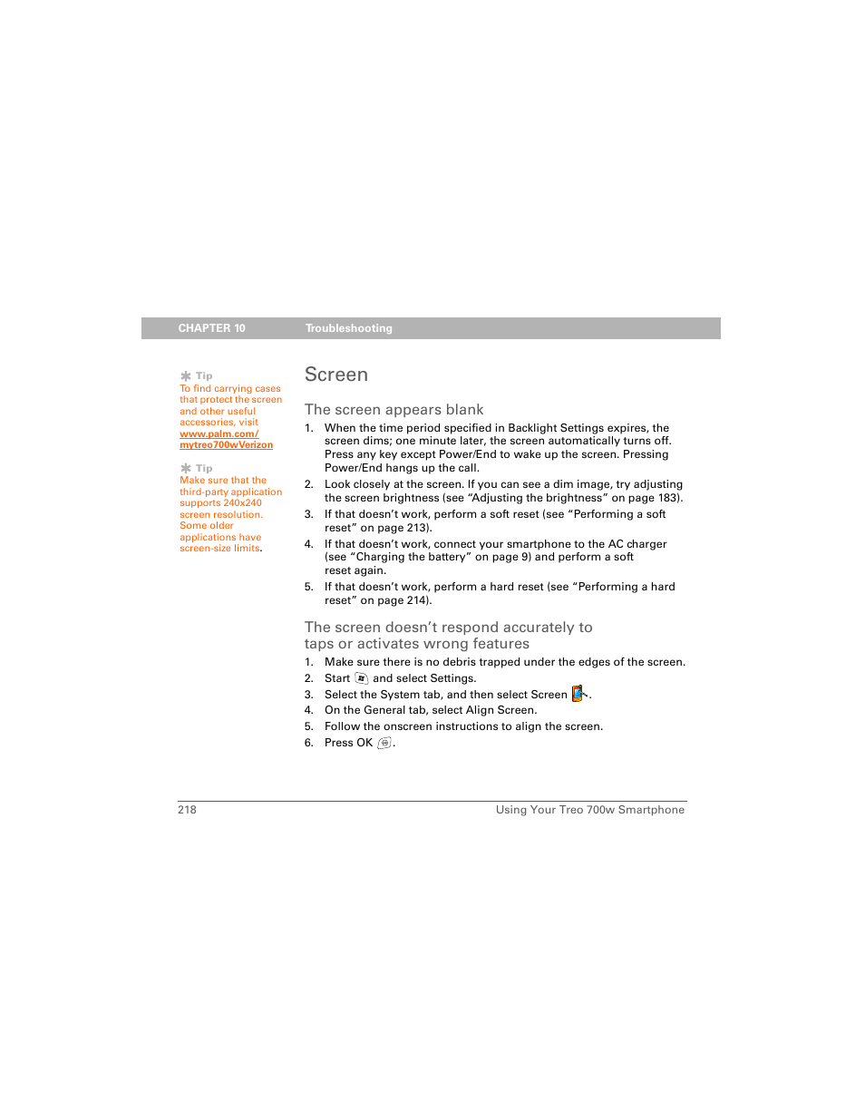 Screen, The screen appears blank | Palm Treo 700w User Manual | Page 226 / 290