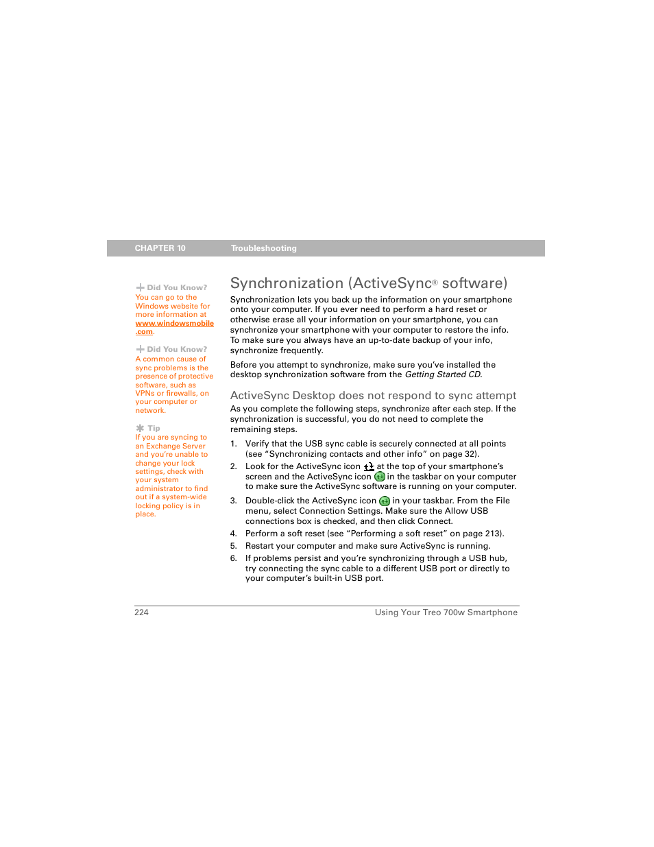 Synchronization (activesync® software), Synchronization (activesync, Software) | Palm Treo 700w User Manual | Page 232 / 290