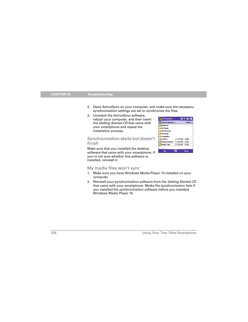 Synchronization starts but doesn’t finish, My media files won’t sync | Palm Treo 700w User Manual | Page 234 / 290