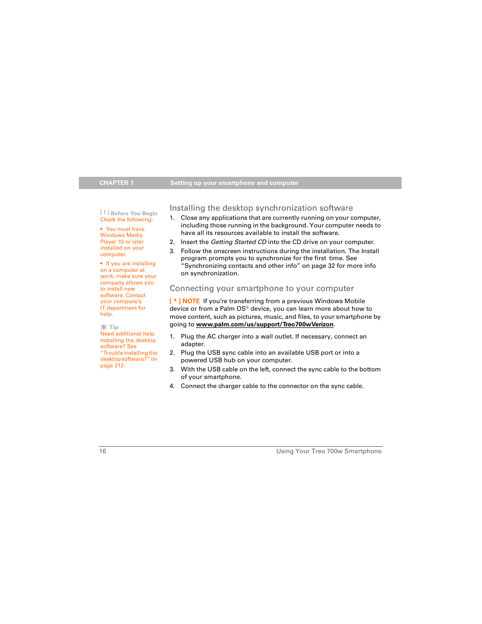 Installing the desktop synchronization software, Connecting your smartphone to your computer | Palm Treo 700w User Manual | Page 24 / 290