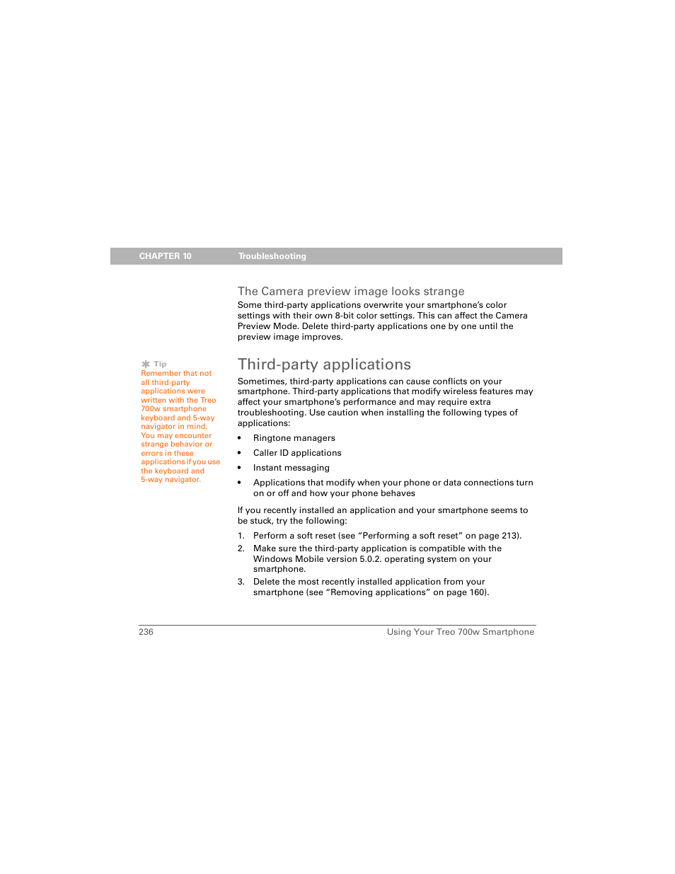 The camera preview image looks strange, Third-party applications | Palm Treo 700w User Manual | Page 244 / 290