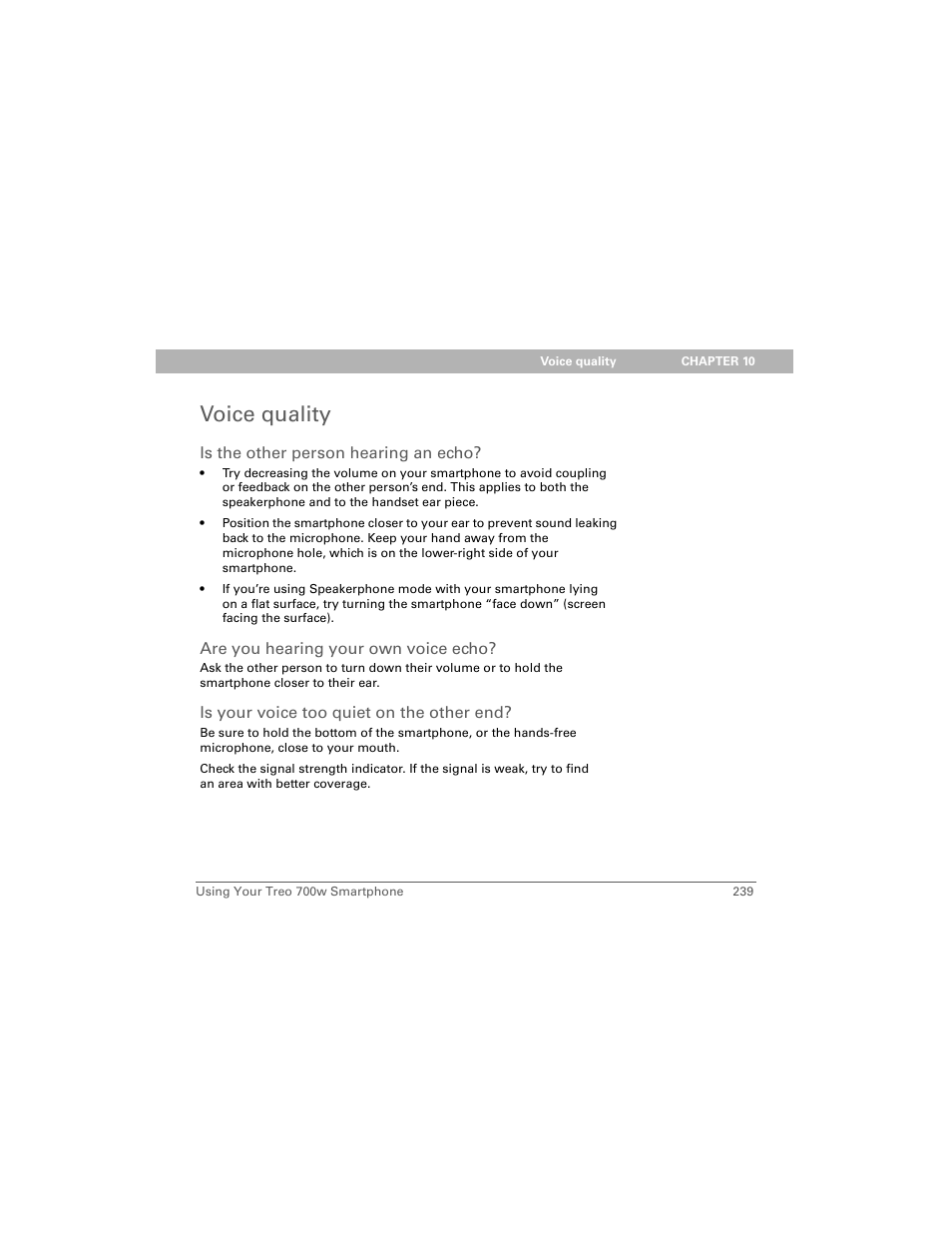 Voice quality, Is the other person hearing an echo, Are you hearing your own voice echo | Is your voice too quiet on the other end | Palm Treo 700w User Manual | Page 247 / 290
