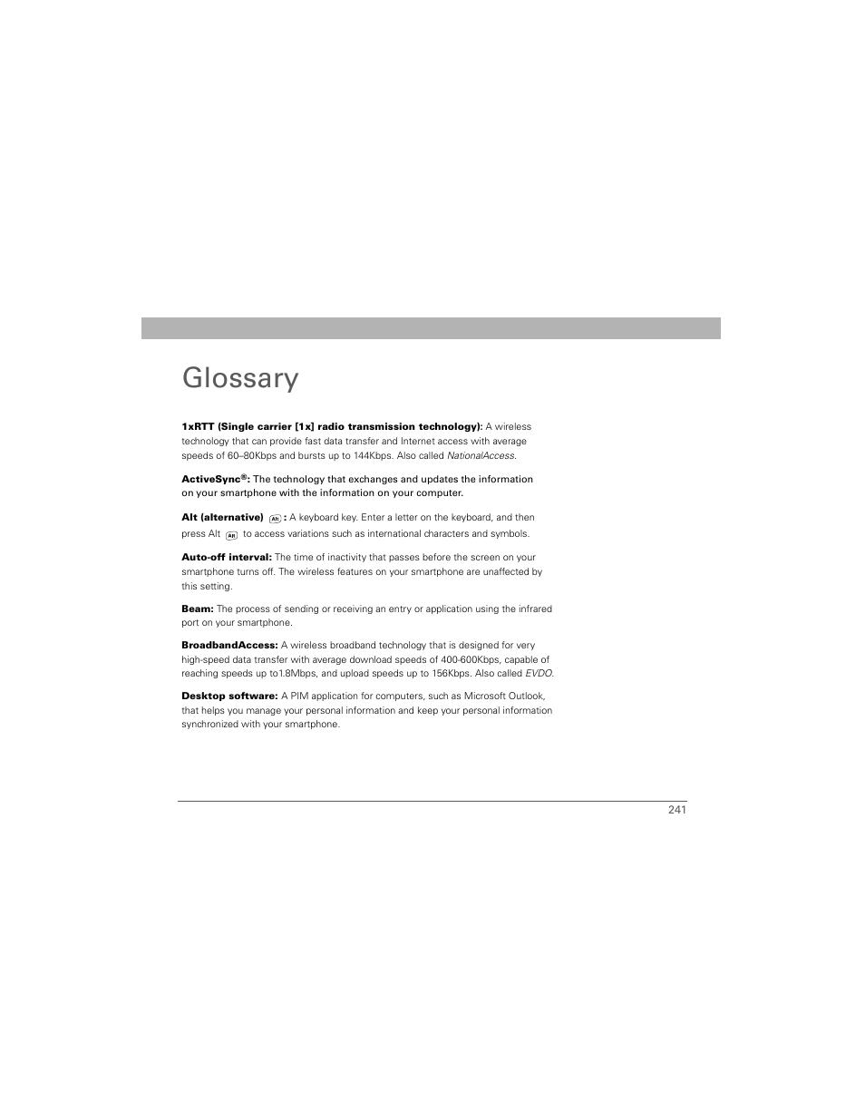 Glossary | Palm Treo 700w User Manual | Page 249 / 290