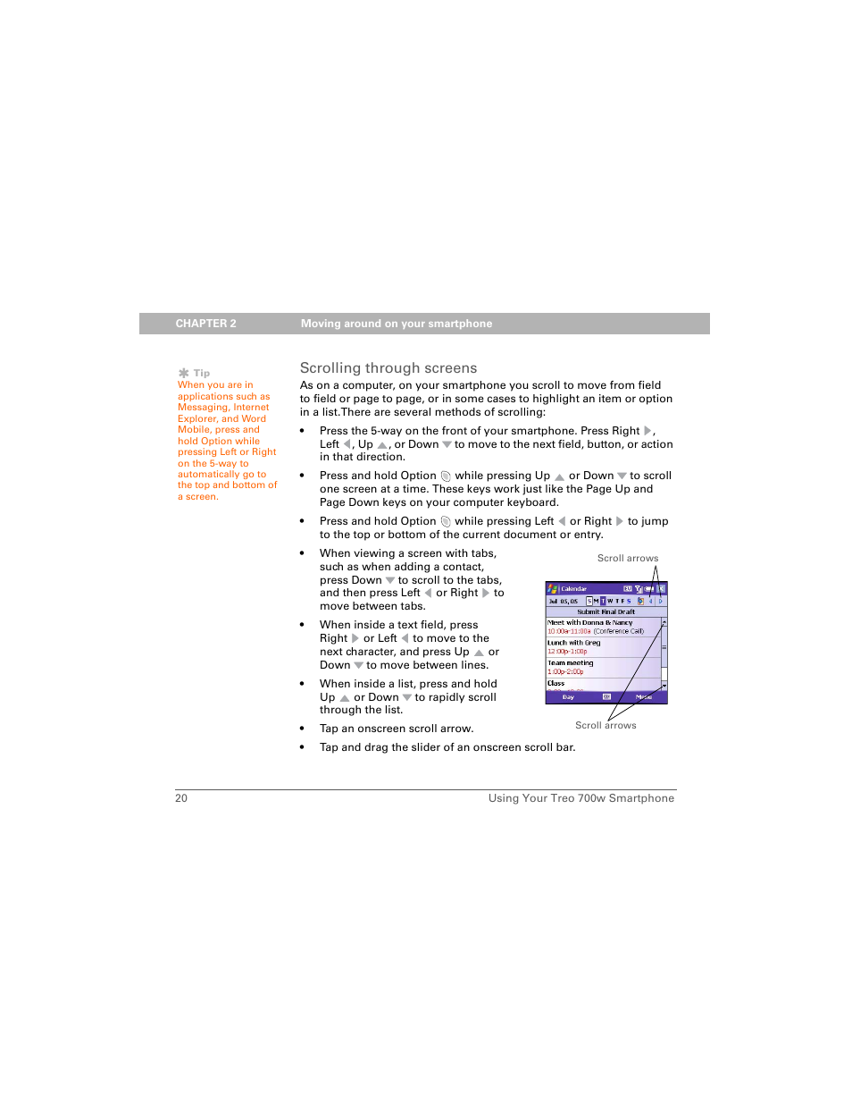 Scrolling through screens | Palm Treo 700w User Manual | Page 28 / 290