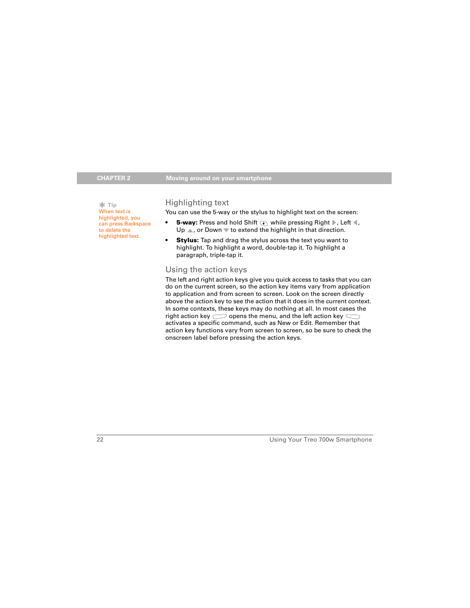 Highlighting text, Using the action keys | Palm Treo 700w User Manual | Page 30 / 290
