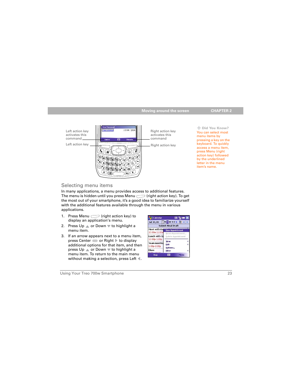 Selecting menu items | Palm Treo 700w User Manual | Page 31 / 290