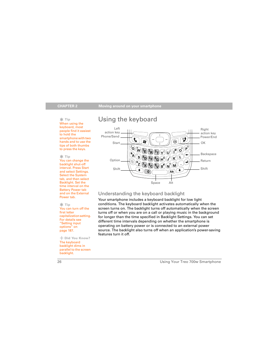 Using the keyboard, Understanding the keyboard backlight | Palm Treo 700w User Manual | Page 34 / 290