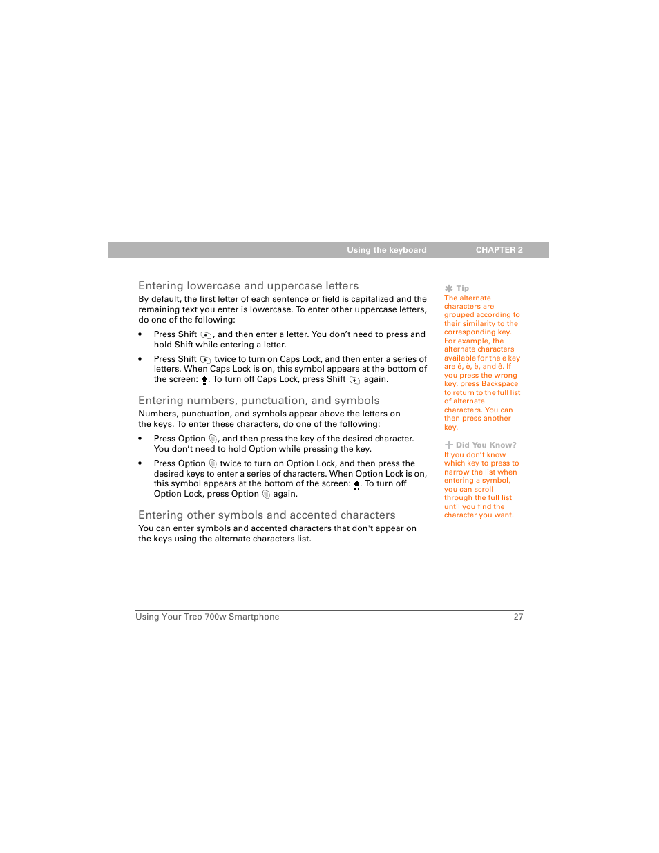 Entering lowercase and uppercase letters, Entering numbers, punctuation, and symbols, Entering other symbols and accented characters | Palm Treo 700w User Manual | Page 35 / 290