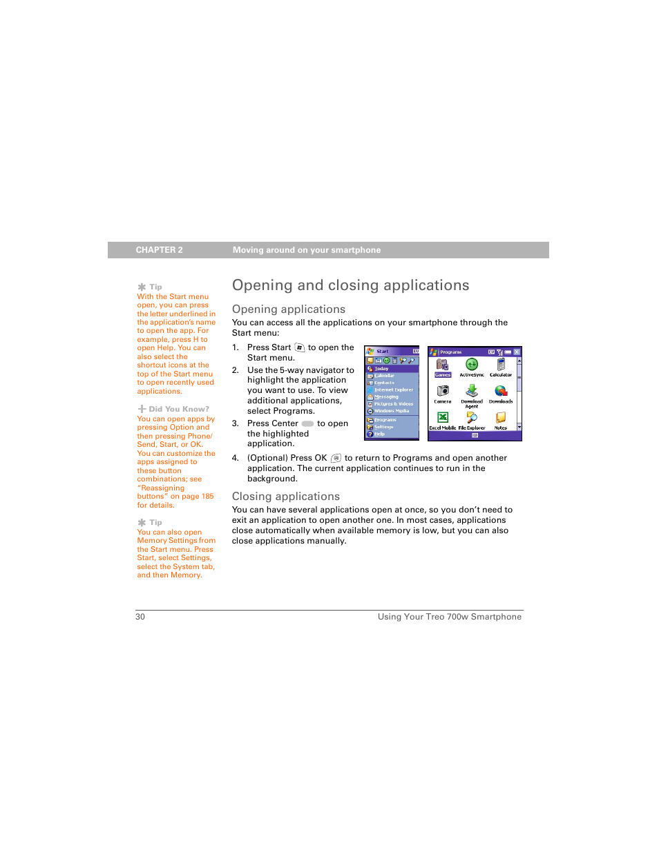 Opening and closing applications, Opening applications, Closing applications | Palm Treo 700w User Manual | Page 38 / 290