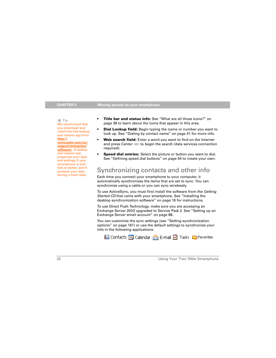 Synchronizing contacts and other info | Palm Treo 700w User Manual | Page 40 / 290