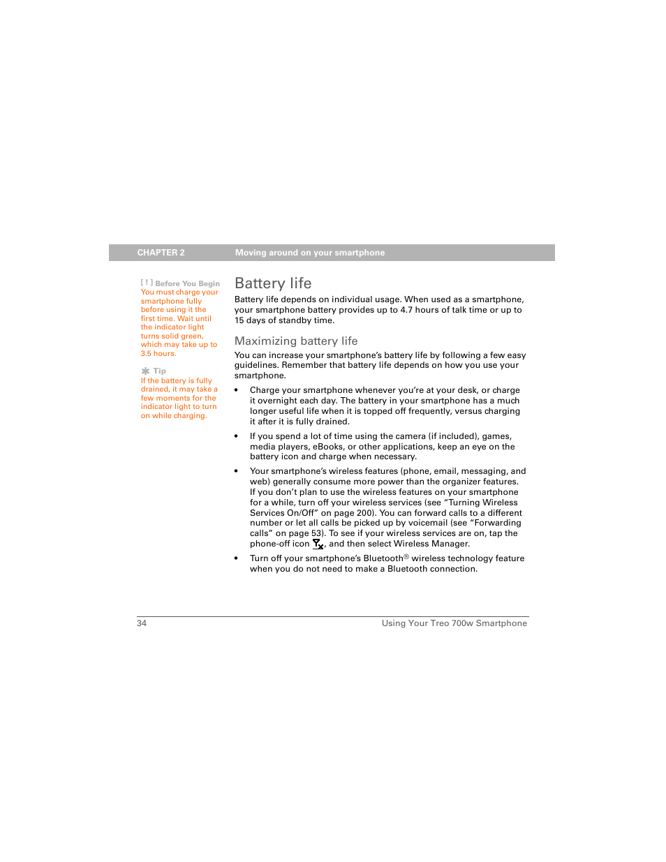 Battery life, Maximizing battery life | Palm Treo 700w User Manual | Page 42 / 290