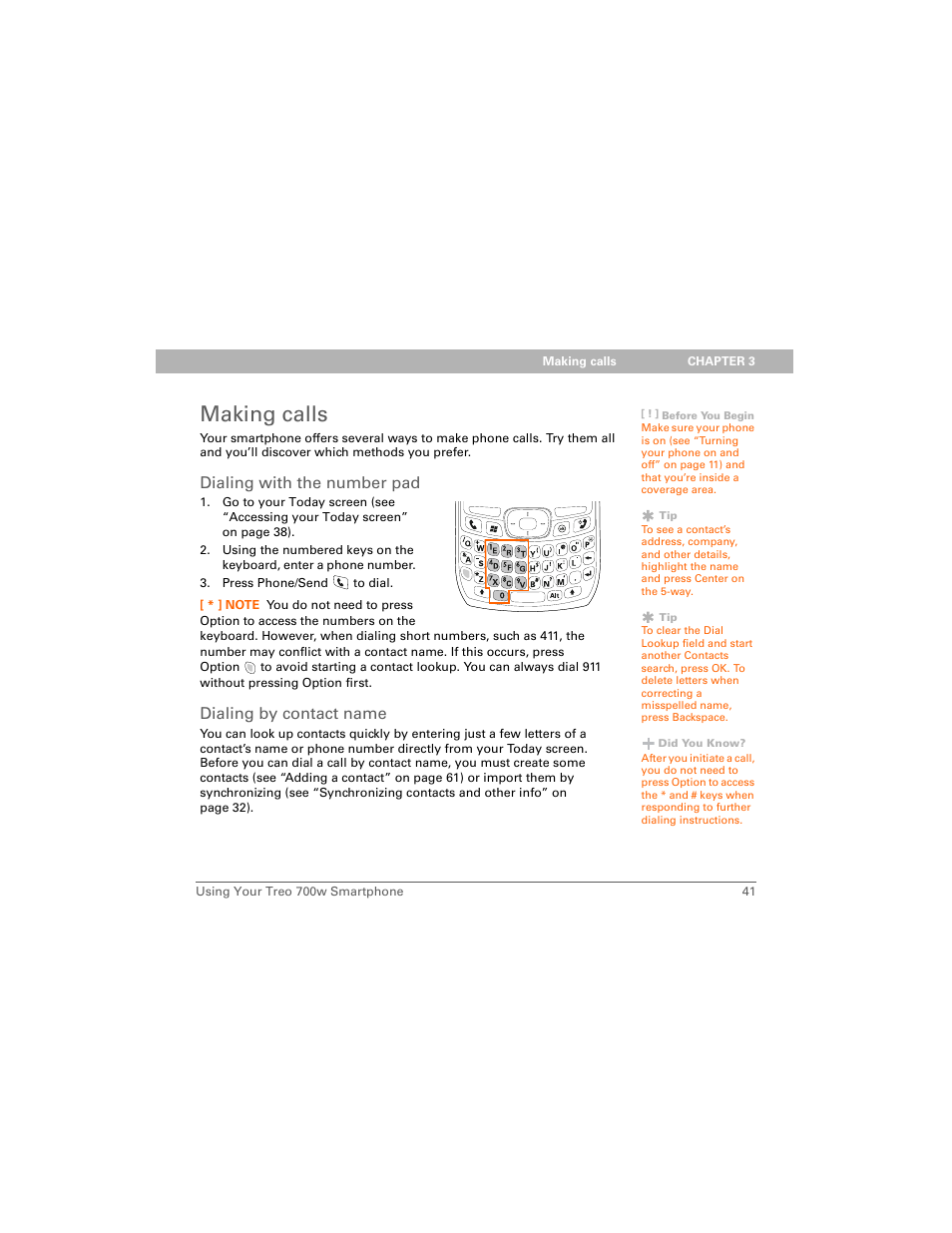 Making calls, Dialing with the number pad, Dialing by contact name | Palm Treo 700w User Manual | Page 49 / 290