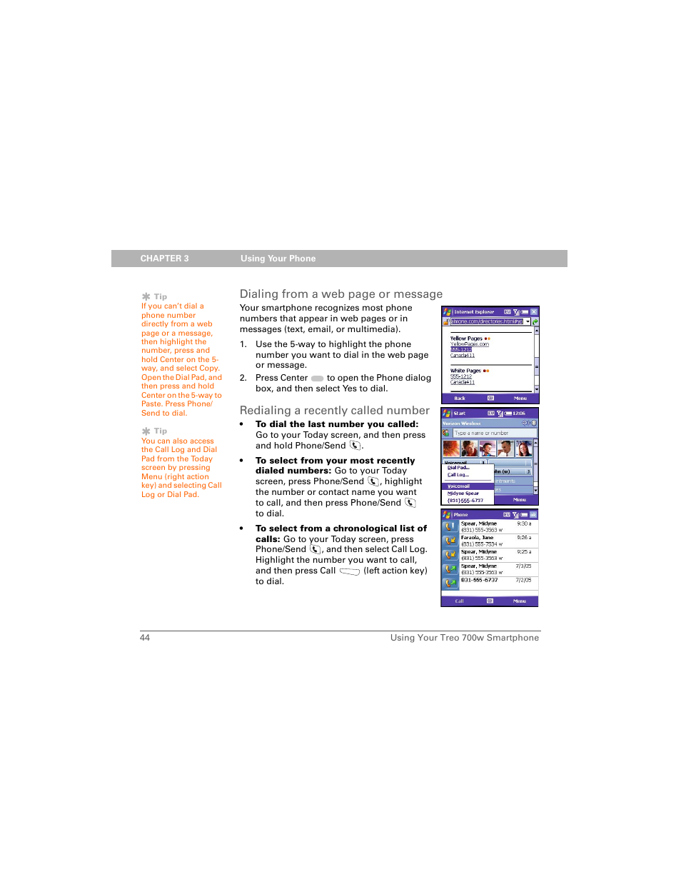 Redialing a recently called number, Dialing from a web page or message | Palm Treo 700w User Manual | Page 52 / 290