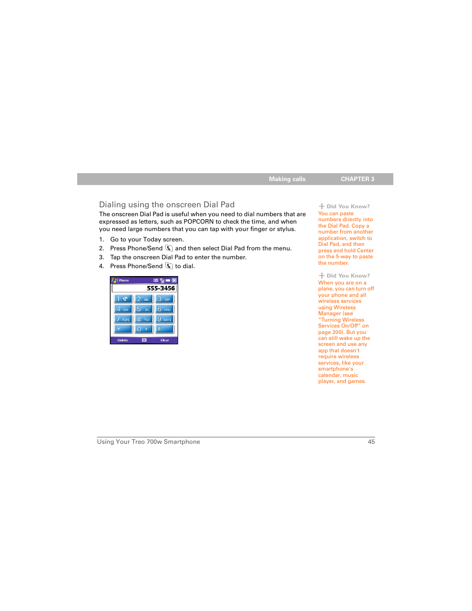 Dialing using the onscreen dial pad | Palm Treo 700w User Manual | Page 53 / 290