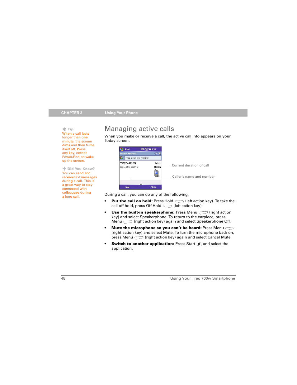 Managing active calls | Palm Treo 700w User Manual | Page 56 / 290