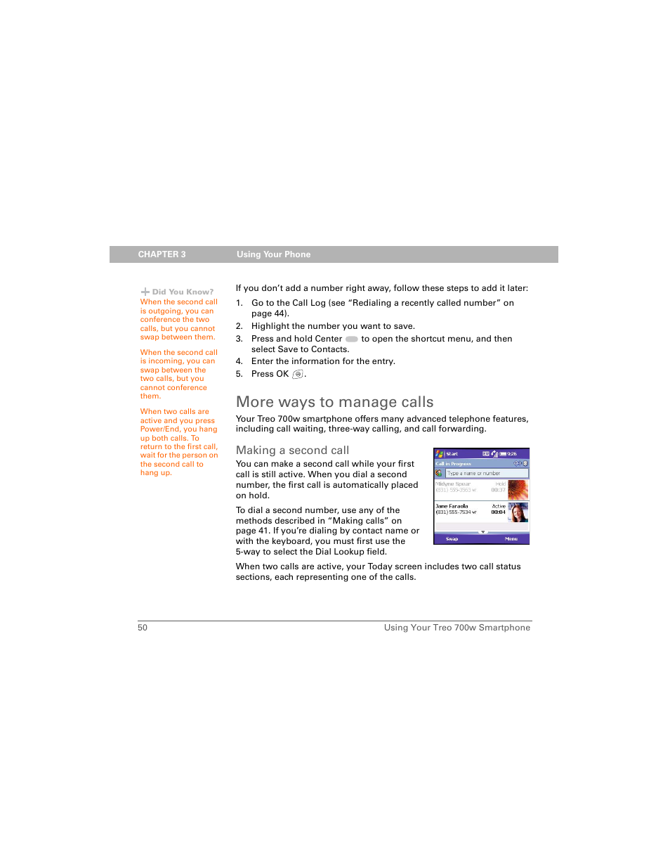 More ways to manage calls, Making a second call | Palm Treo 700w User Manual | Page 58 / 290