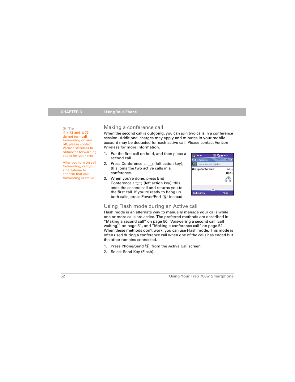 Making a conference call, Using flash mode during an active call | Palm Treo 700w User Manual | Page 60 / 290