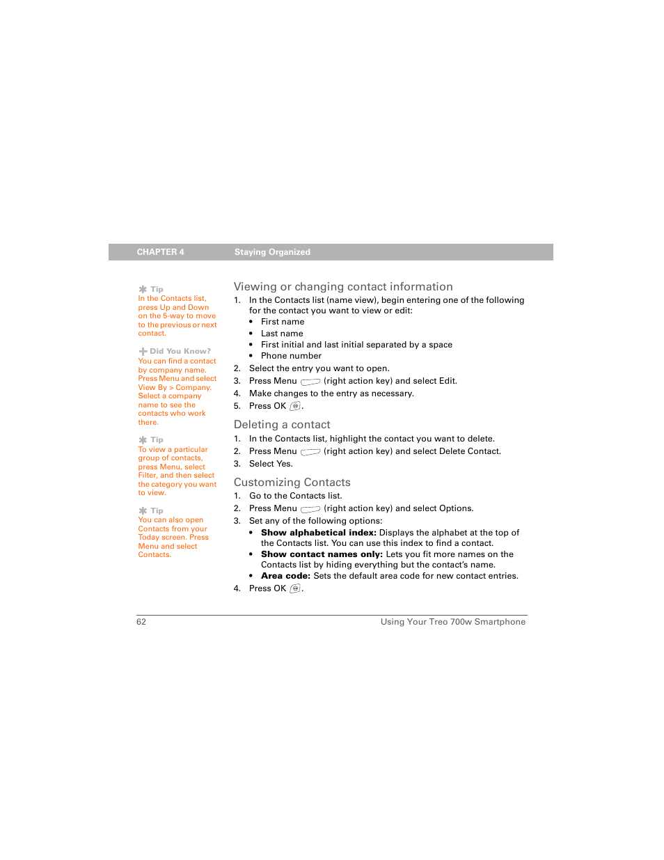 Viewing or changing contact information, Deleting a contact, Customizing contacts | Palm Treo 700w User Manual | Page 70 / 290