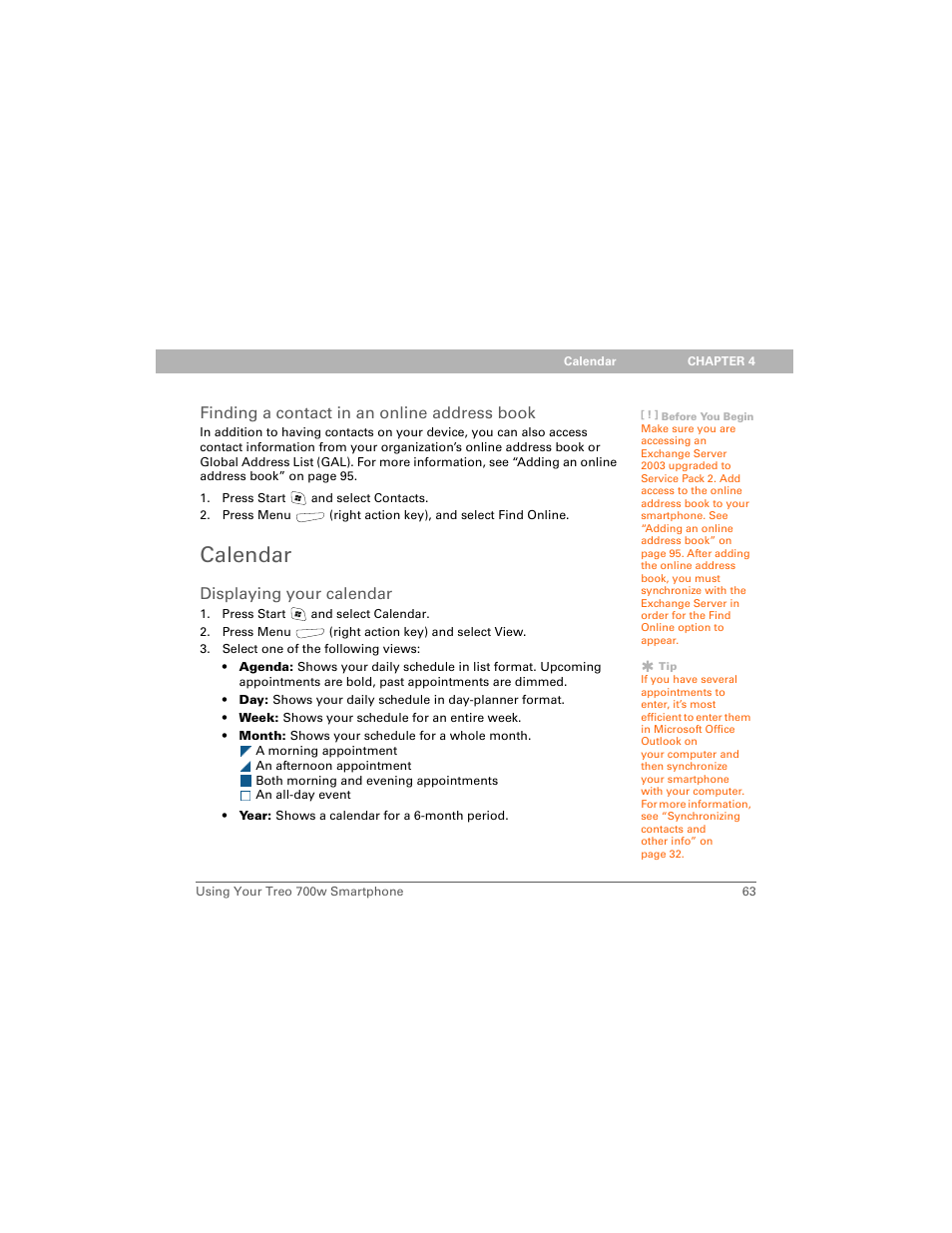 Finding a contact in an online address book, Calendar, Displaying your calendar | Palm Treo 700w User Manual | Page 71 / 290