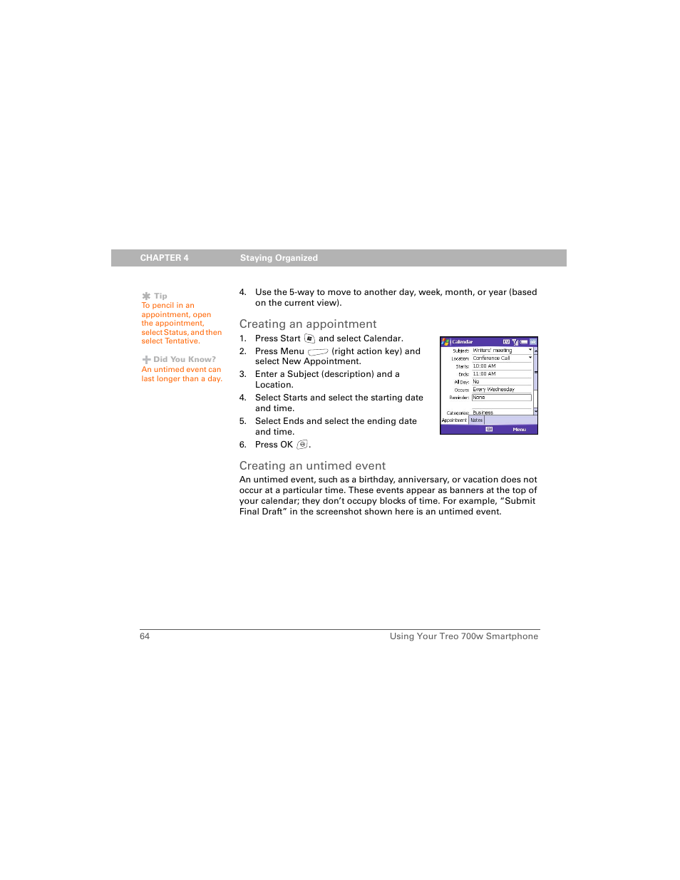 Creating an appointment, Creating an untimed event | Palm Treo 700w User Manual | Page 72 / 290