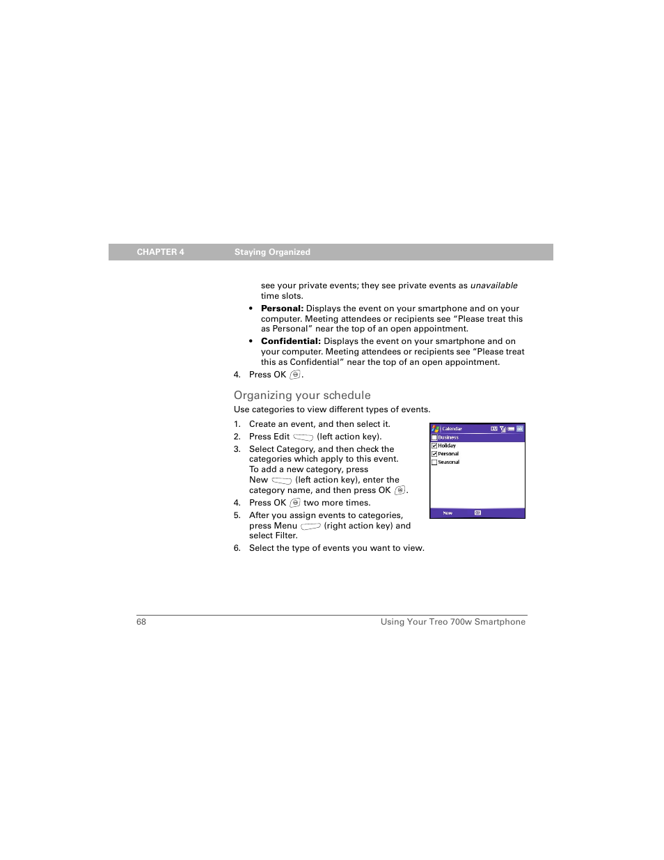 Organizing your schedule | Palm Treo 700w User Manual | Page 76 / 290