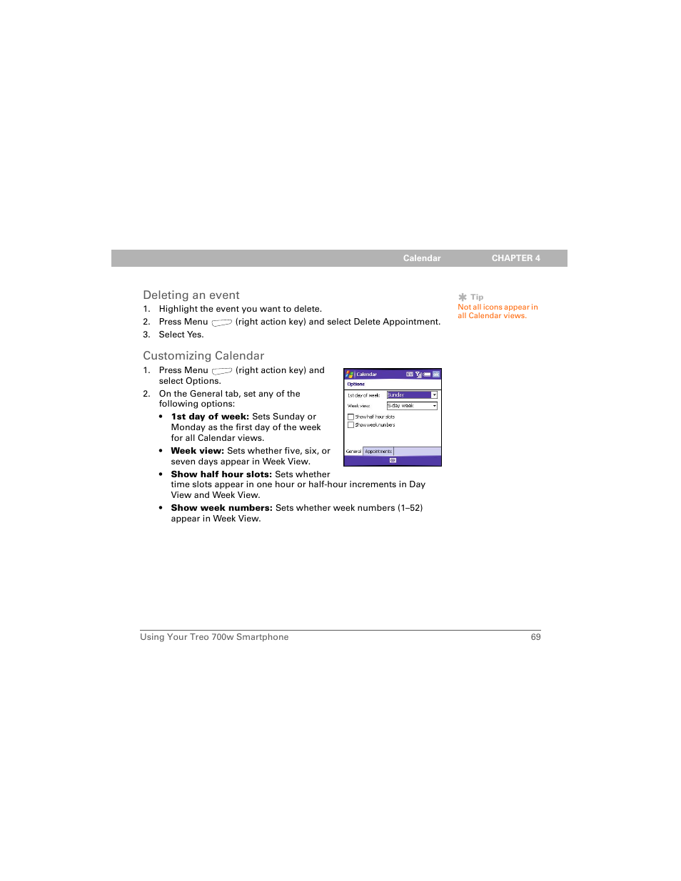 Deleting an event, Customizing calendar | Palm Treo 700w User Manual | Page 77 / 290