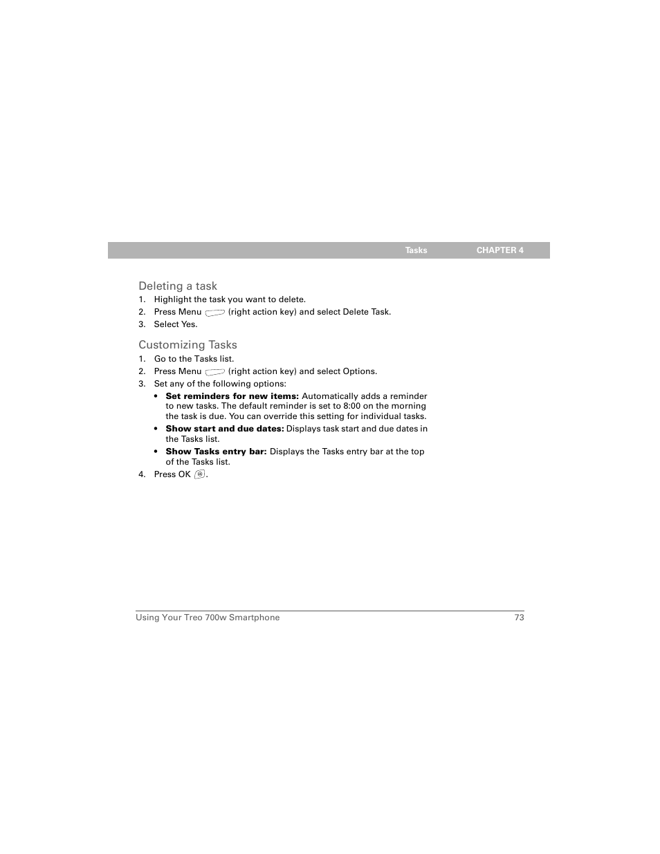 Deleting a task, Customizing tasks | Palm Treo 700w User Manual | Page 81 / 290