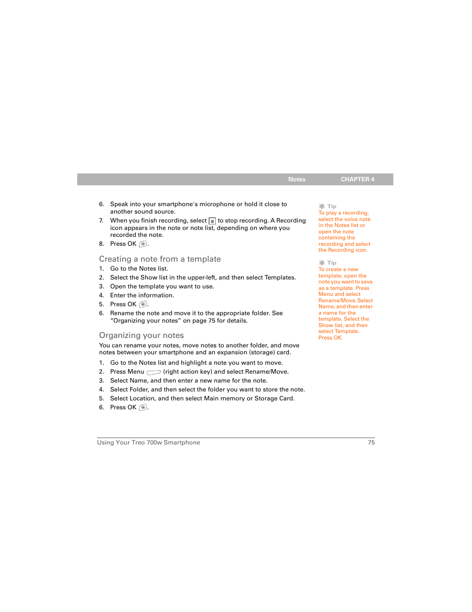 Creating a note from a template, Organizing your notes | Palm Treo 700w User Manual | Page 83 / 290