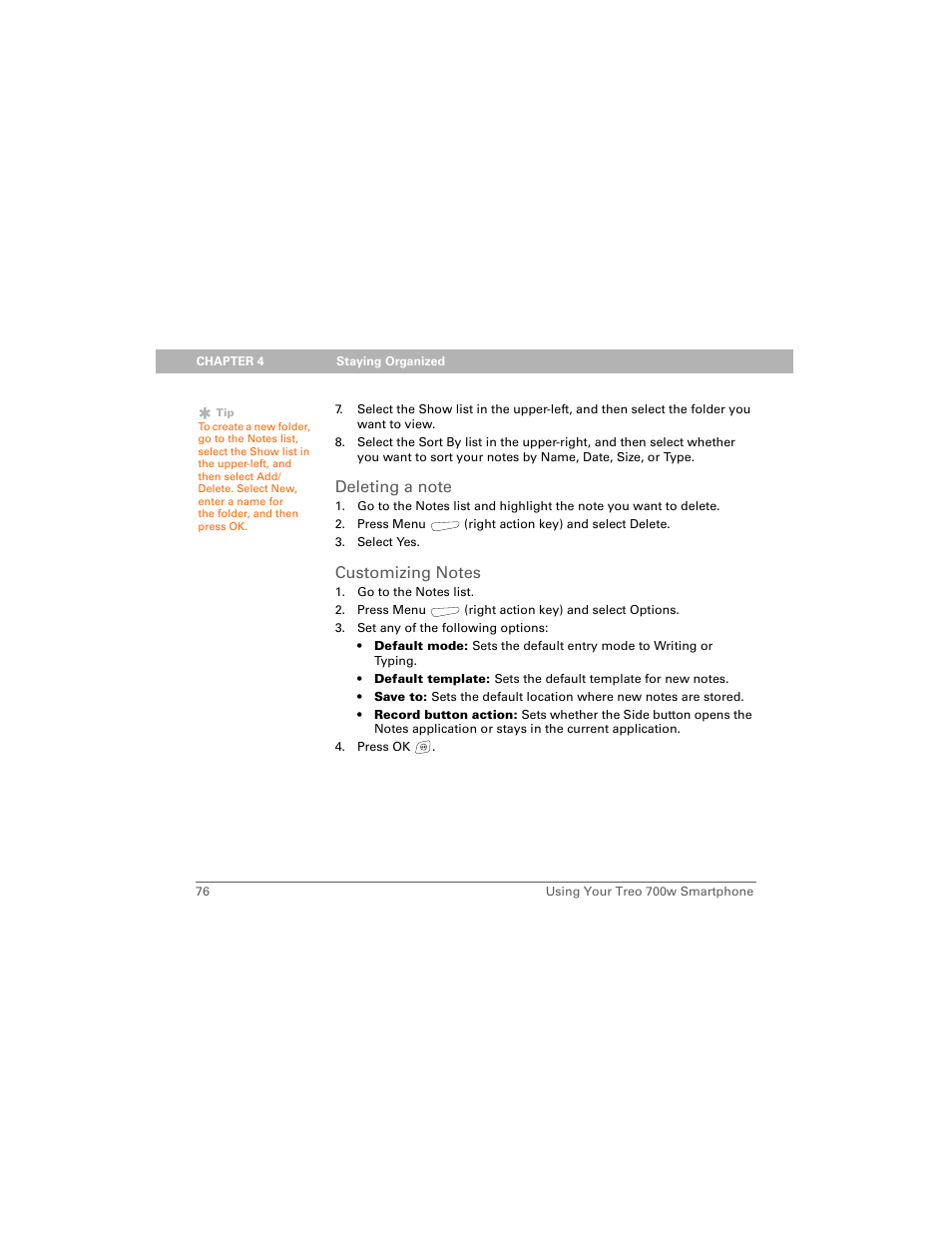 Deleting a note, Customizing notes | Palm Treo 700w User Manual | Page 84 / 290