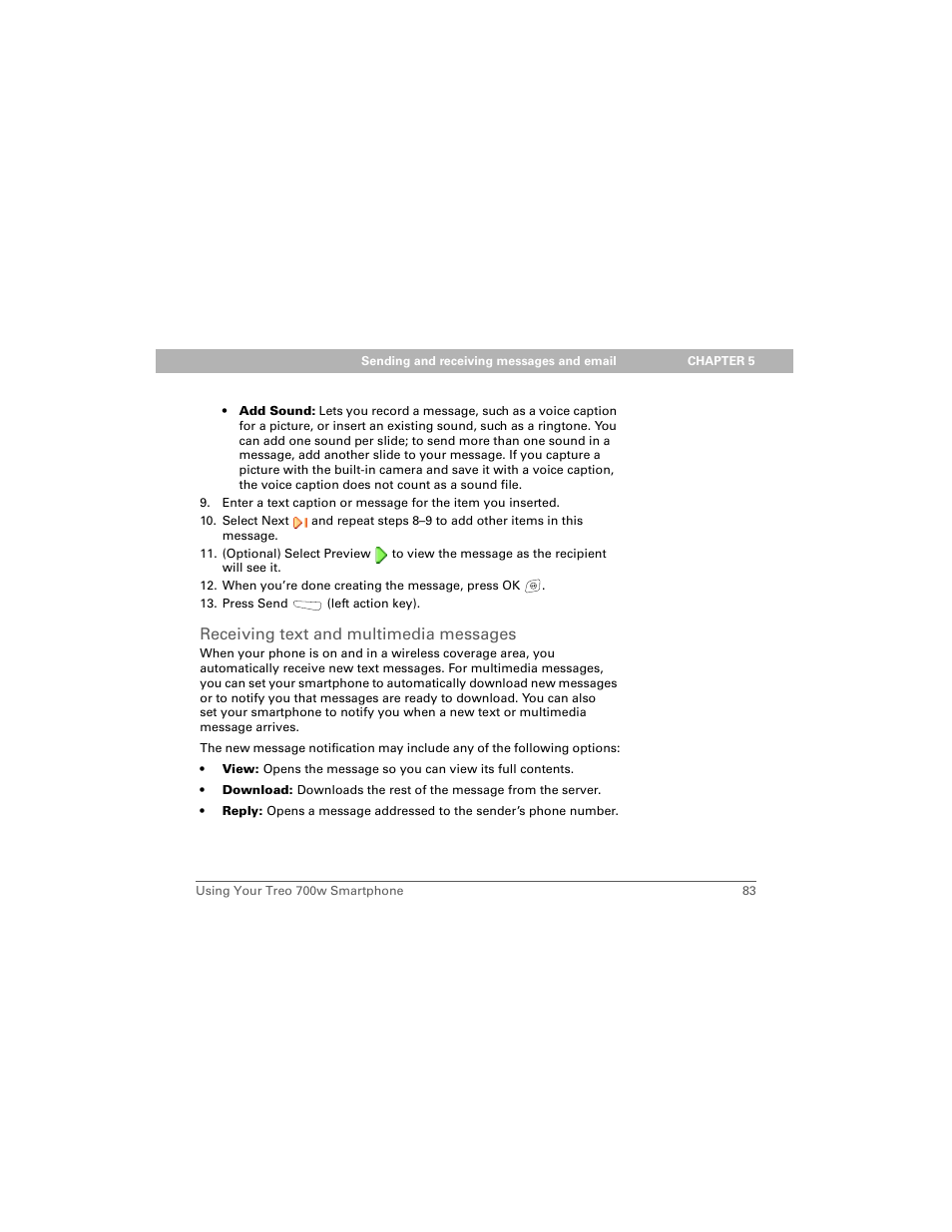 Receiving text and multimedia messages | Palm Treo 700w User Manual | Page 91 / 290