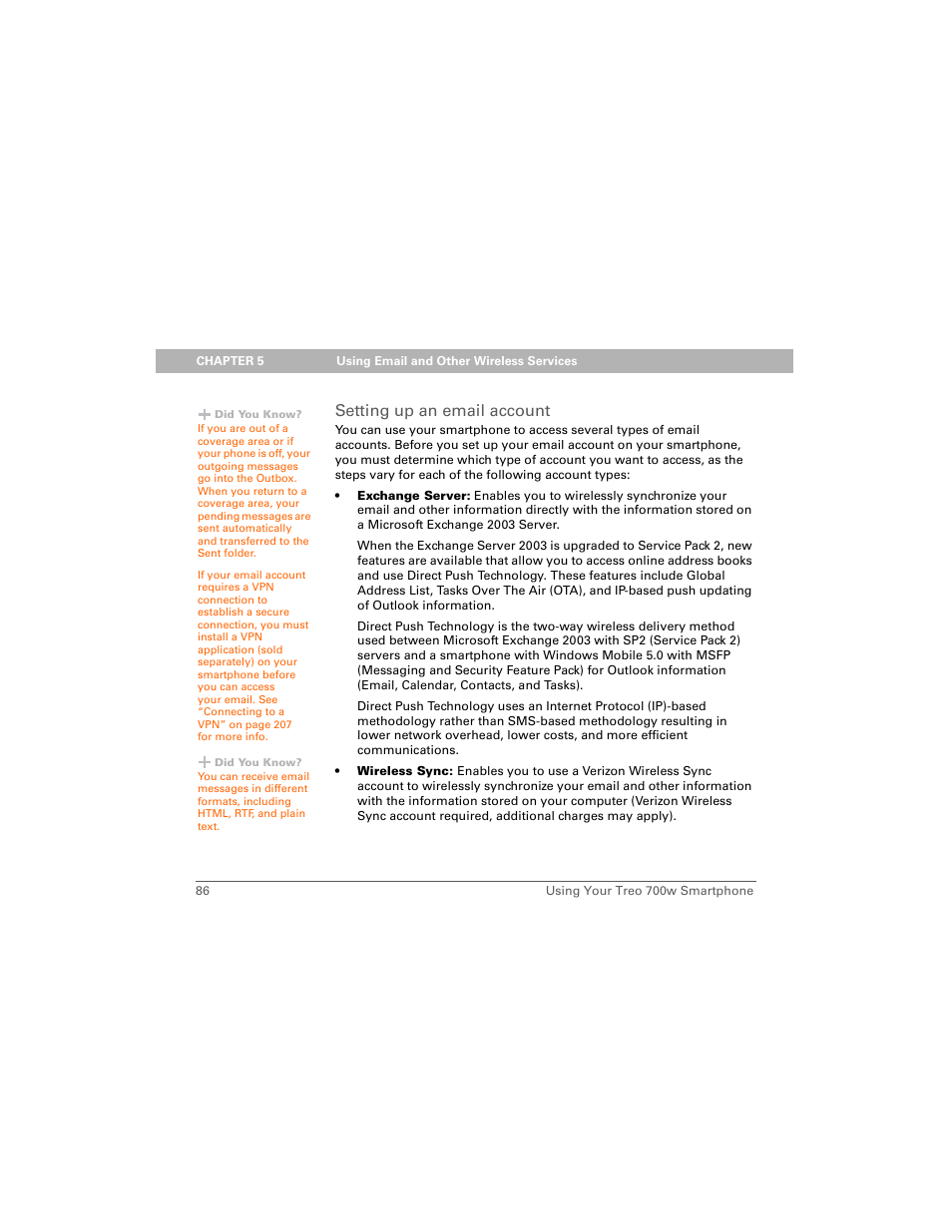 Setting up an email account | Palm Treo 700w User Manual | Page 94 / 290