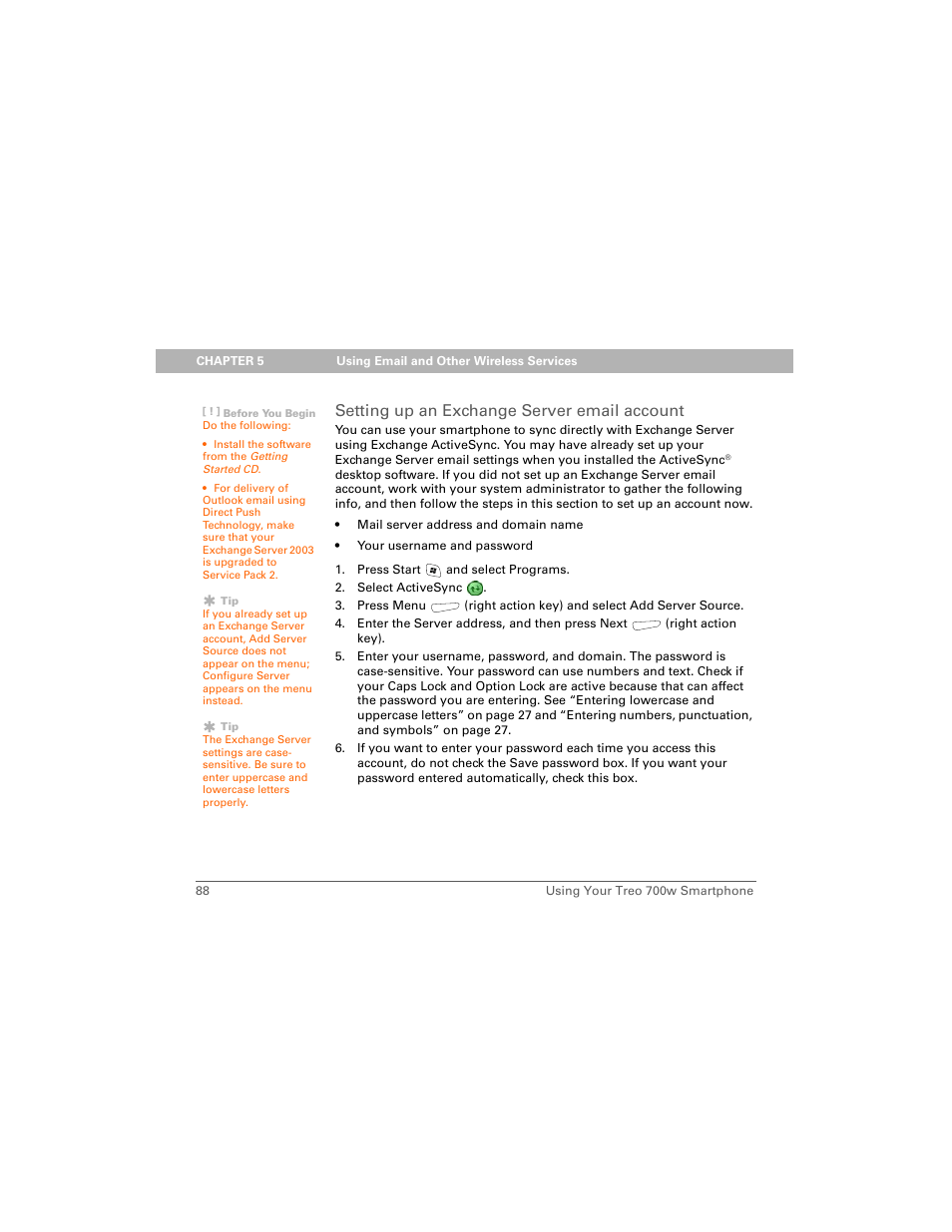 Setting up an exchange server email account, See “setting up an | Palm Treo 700w User Manual | Page 96 / 290