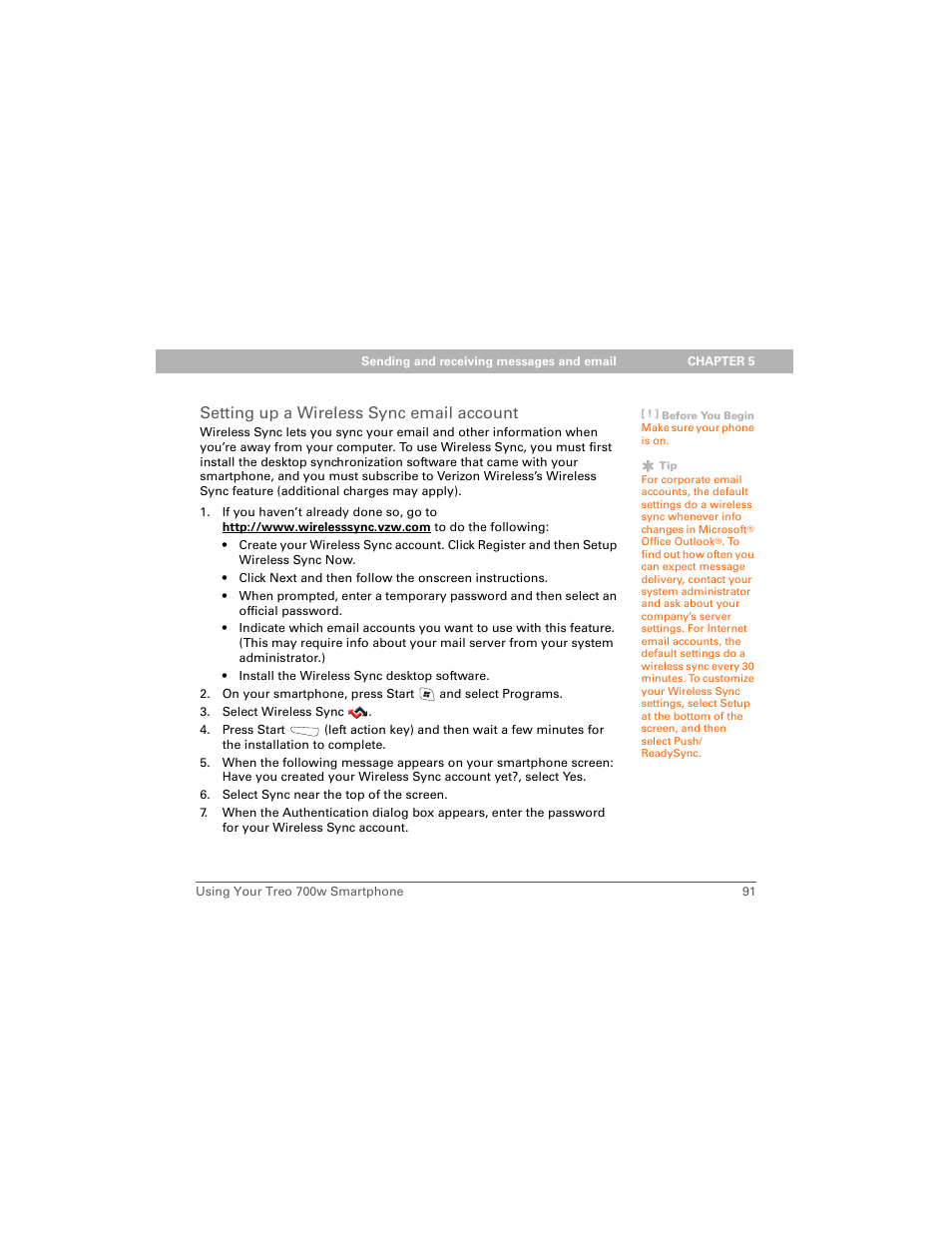 Setting up a wireless sync email account | Palm Treo 700w User Manual | Page 99 / 290