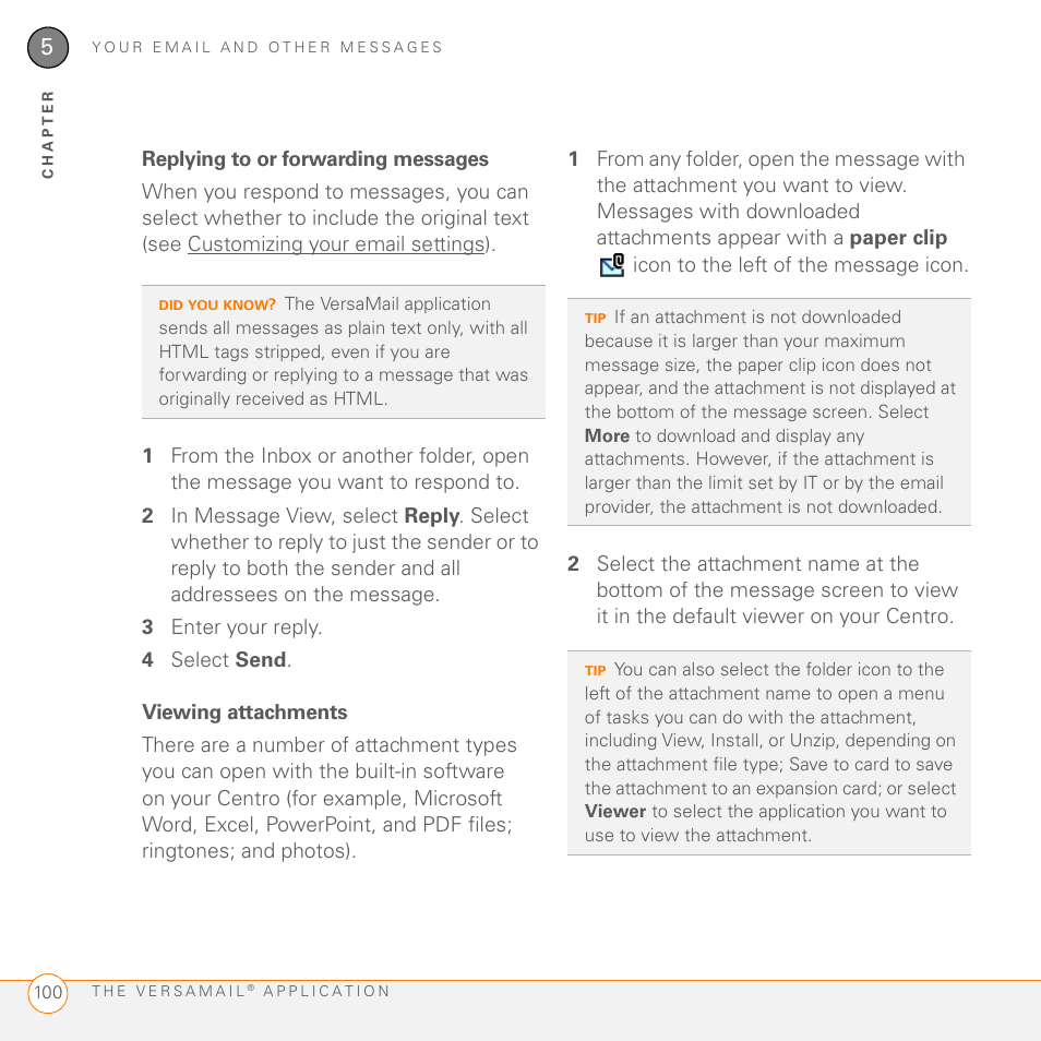 Replying to or forwarding messages, Viewing attachments | Palm PDA CentroTM Smart Device User Manual | Page 100 / 326