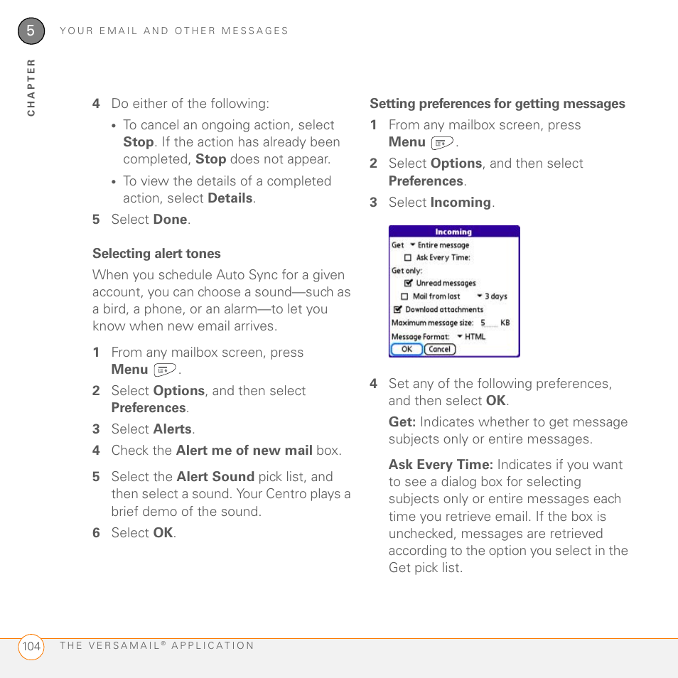 Selecting alert tones, Setting preferences for getting messages | Palm PDA CentroTM Smart Device User Manual | Page 104 / 326