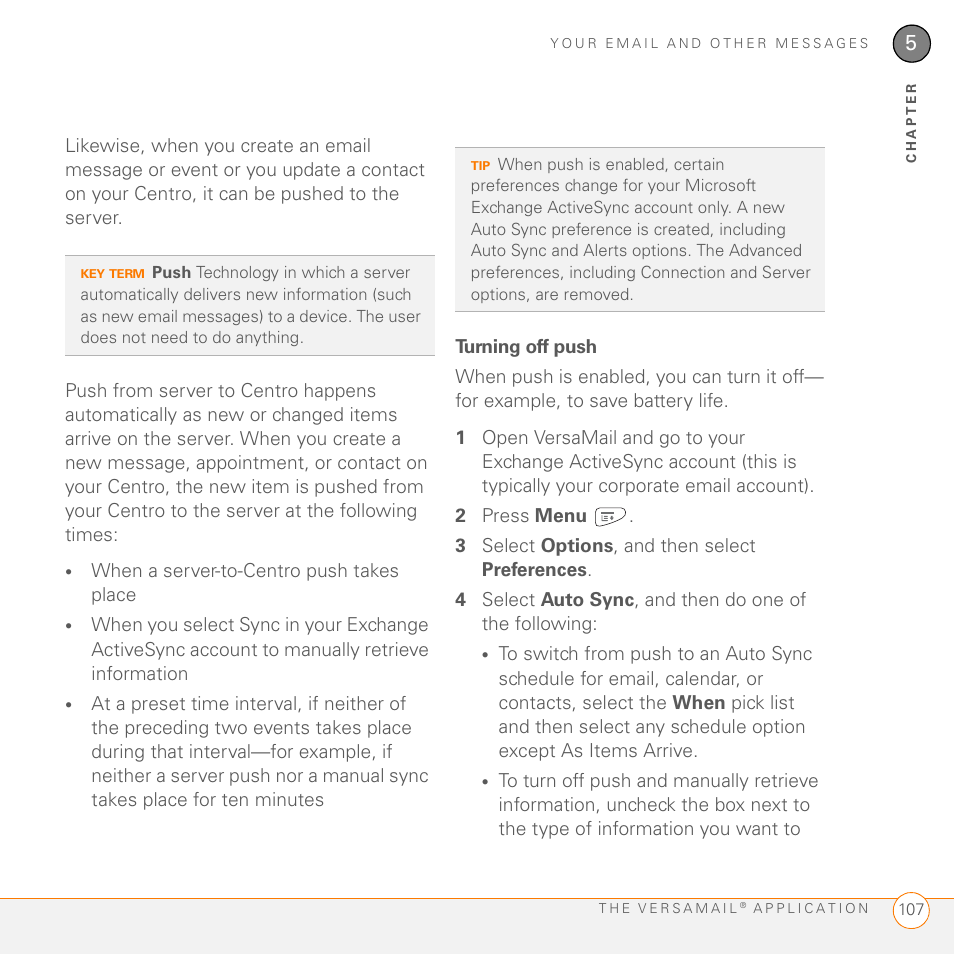 Turning off push | Palm PDA CentroTM Smart Device User Manual | Page 107 / 326