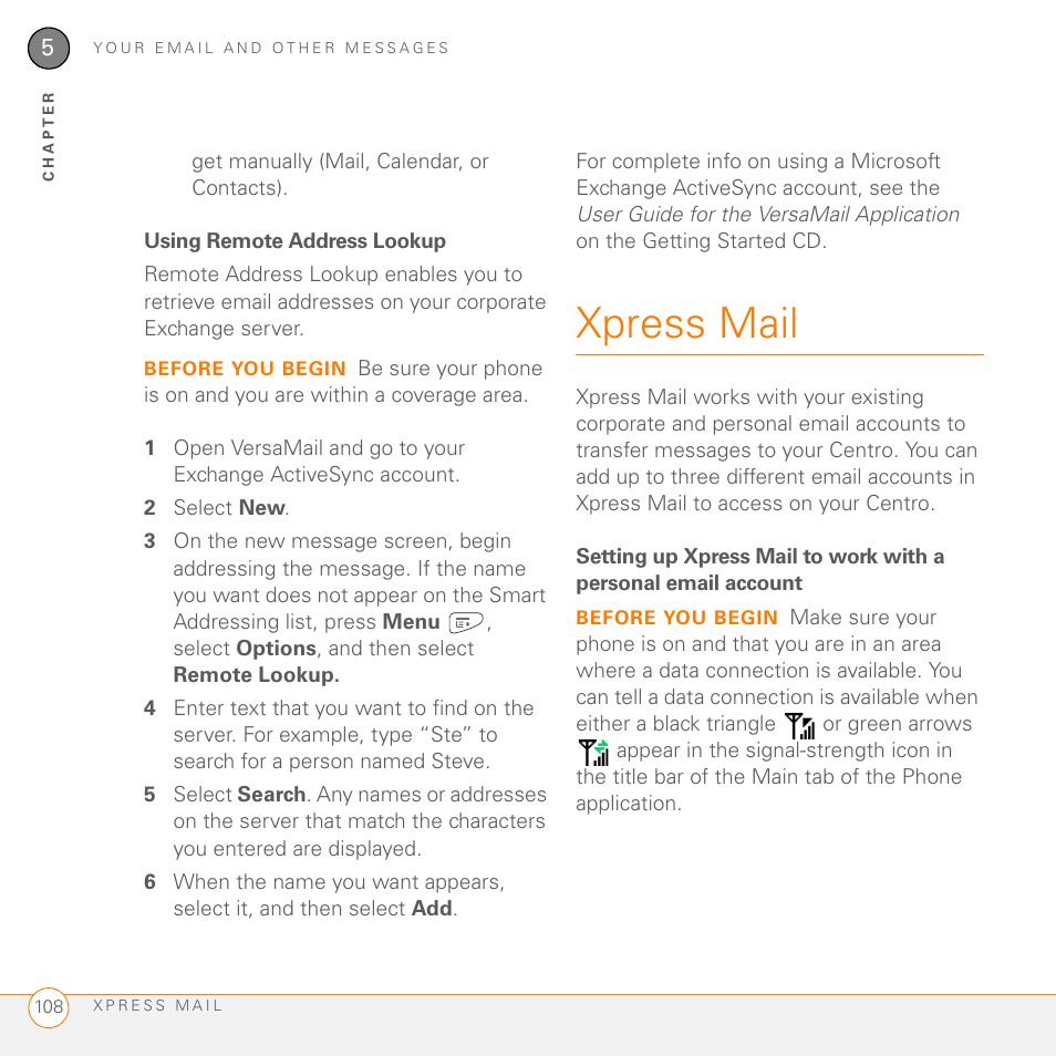 Using remote address lookup, Xpress mail | Palm PDA CentroTM Smart Device User Manual | Page 108 / 326