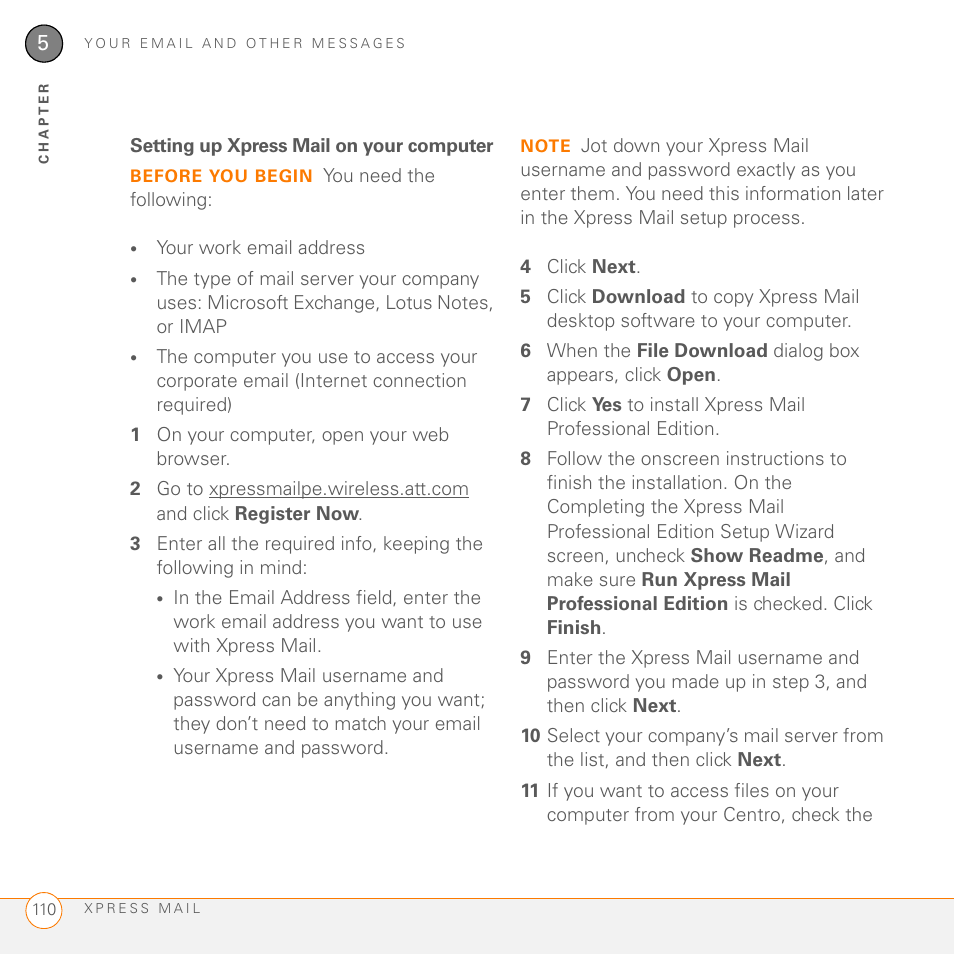 Setting up xpress mail on your computer | Palm PDA CentroTM Smart Device User Manual | Page 110 / 326