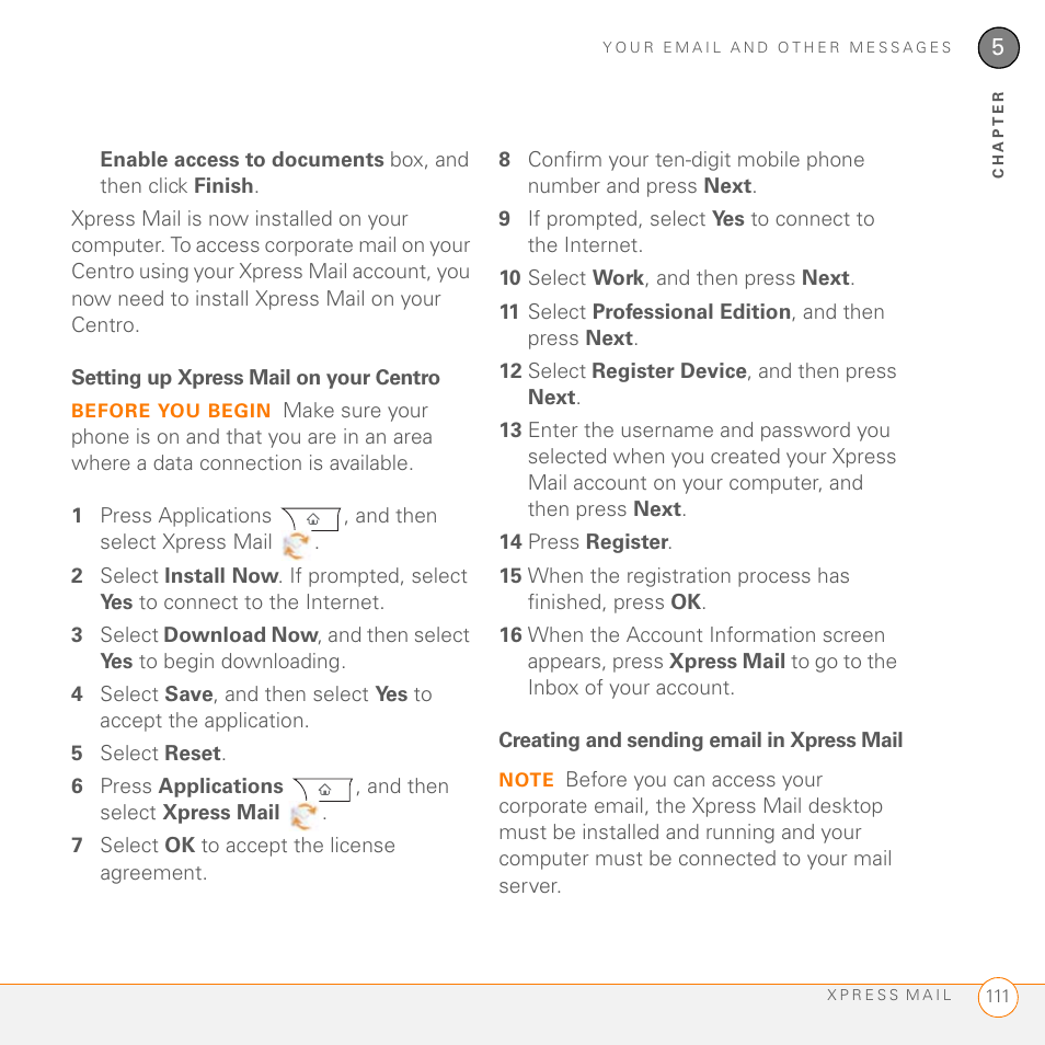 Setting up xpress mail on your centro, Creating and sending email in xpress mail | Palm PDA CentroTM Smart Device User Manual | Page 111 / 326