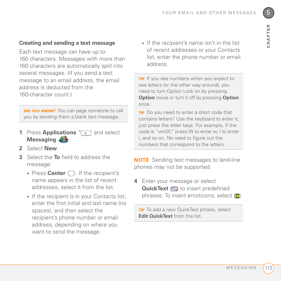 Creating and sending a text message | Palm PDA CentroTM Smart Device User Manual | Page 113 / 326