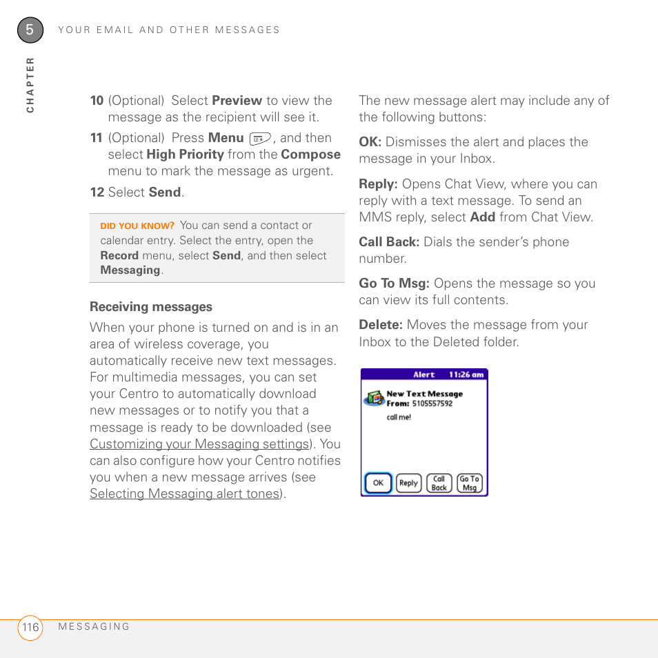 Receiving messages | Palm PDA CentroTM Smart Device User Manual | Page 116 / 326