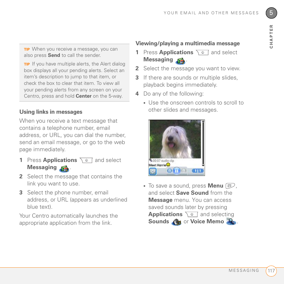 Using links in messages, Viewing/playing a multimedia message | Palm PDA CentroTM Smart Device User Manual | Page 117 / 326