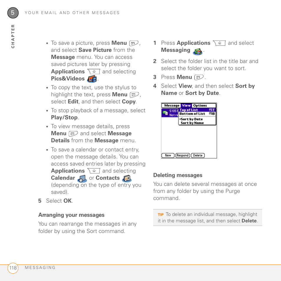 Arranging your messages, Deleting messages | Palm PDA CentroTM Smart Device User Manual | Page 118 / 326