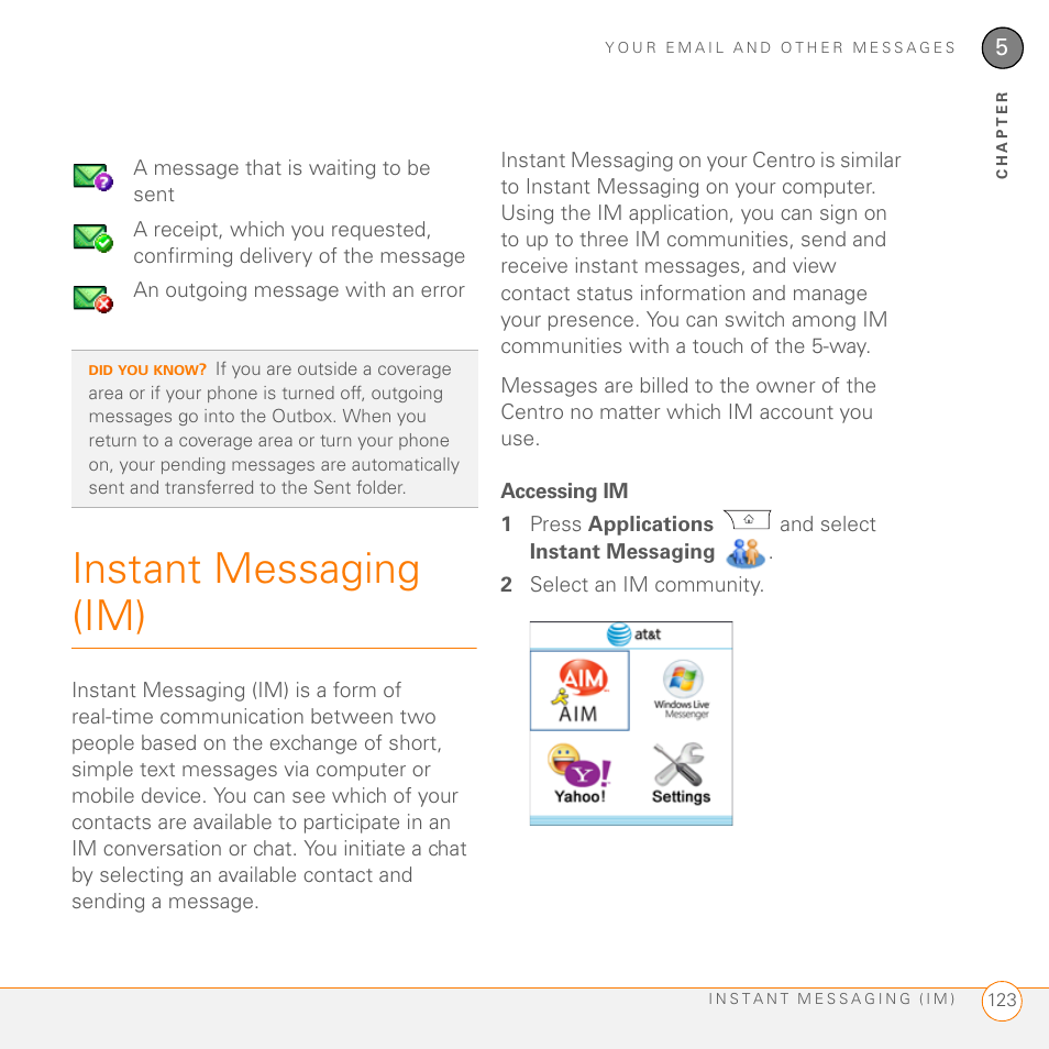 Instant messaging (im), Accessing im | Palm PDA CentroTM Smart Device User Manual | Page 123 / 326